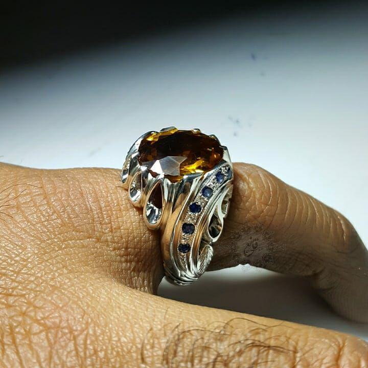 انگشتر فیلی اشکی نگین سیترین مخراج یاقوت کبود آفریقایی مردانه کد 606